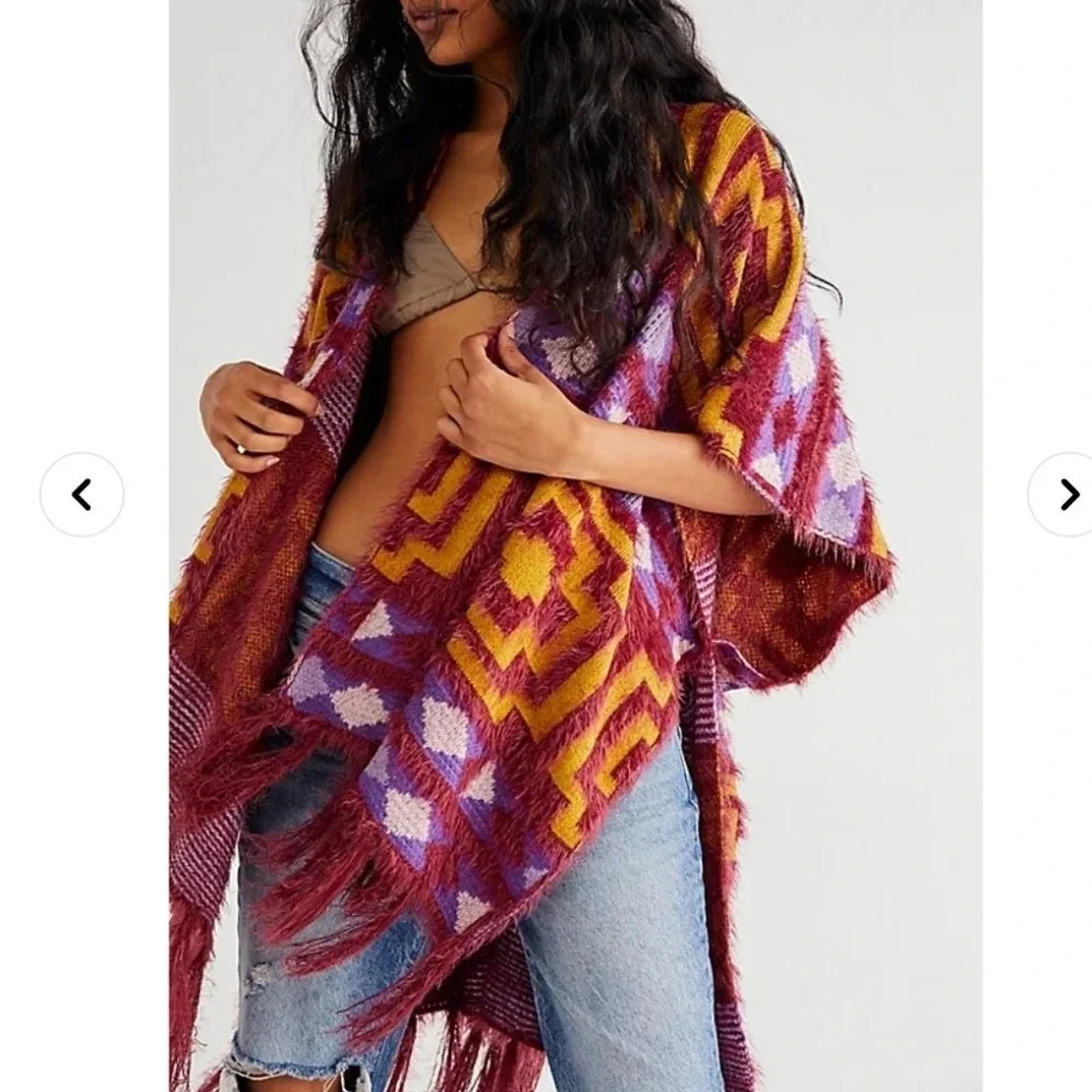 NWT Free People Purple Diamondback Fringe Kimono Cardigan OS